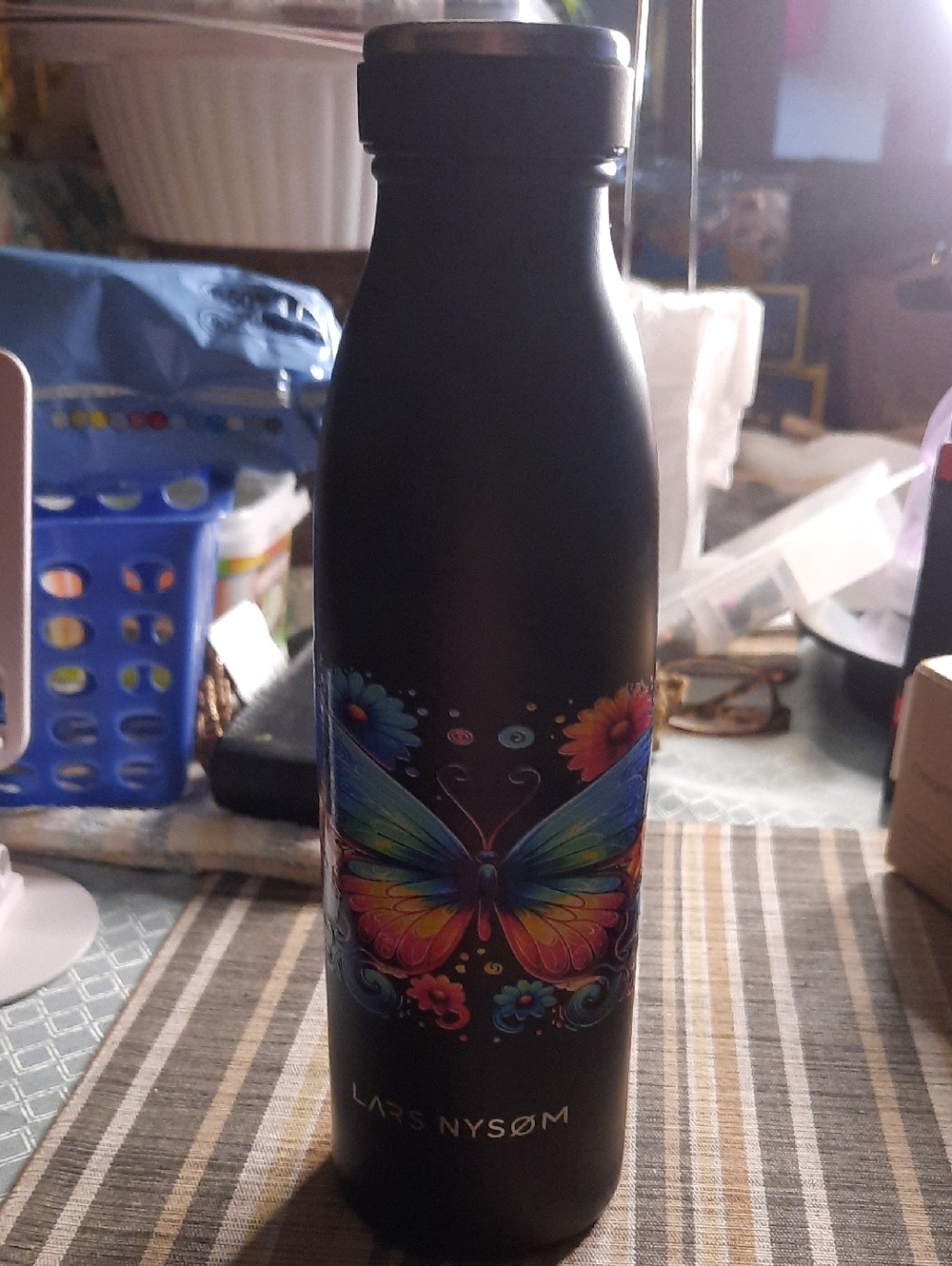 Black Insulated Water Bottle with Colorful Butterfly